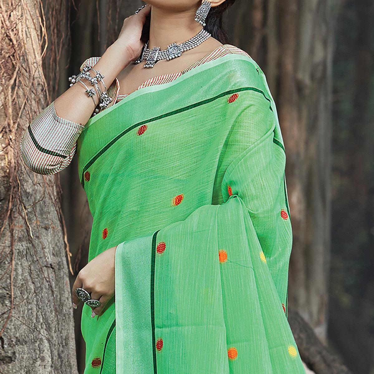 Breathtaking Green Colored Festive Wear Printed Linen Saree