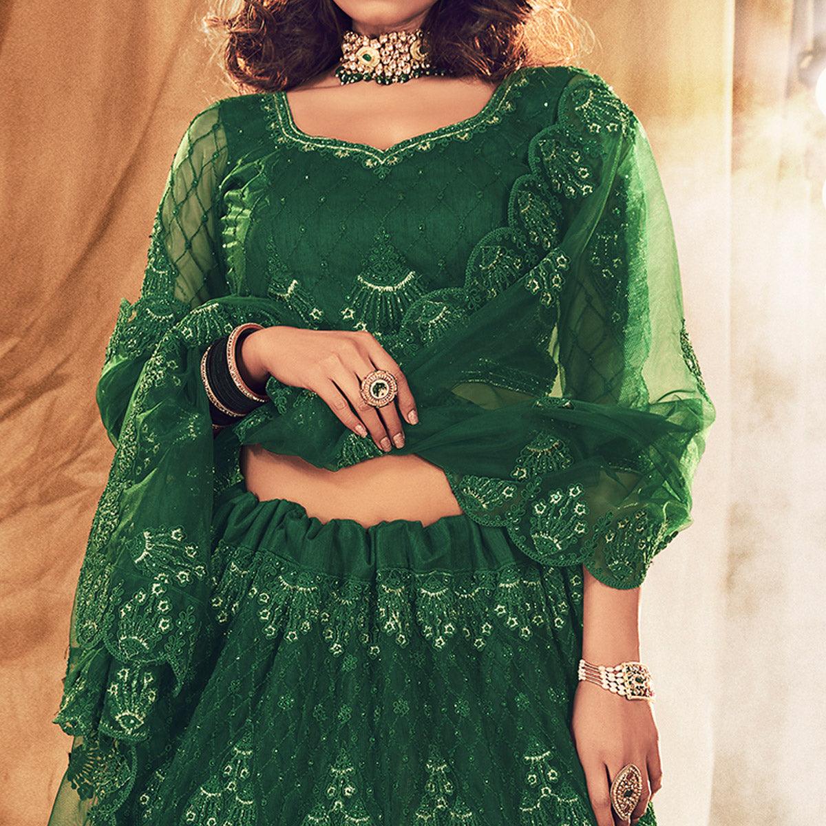Breathtaking Green Colored Wedding Wear Embroidered Net Lehenga Choli