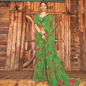 Breathtaking Green Coloured Partywear Pure Georgette Floral Printed Saree With Fancy Lace Border