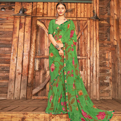 Breathtaking Green Coloured Partywear Pure Georgette Floral Printed Saree With Fancy Lace Border