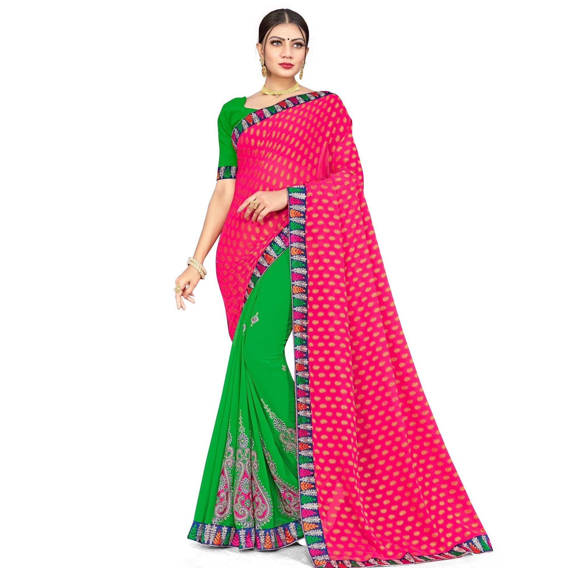 Breathtaking Green-Pink Colored Party Wear Embroidered Georgette Half-Half Saree
