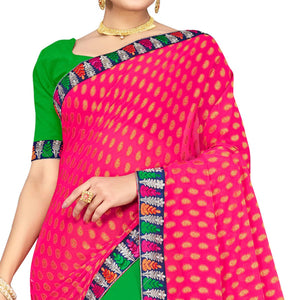 Breathtaking Green-Pink Colored Party Wear Embroidered Georgette Half-Half Saree