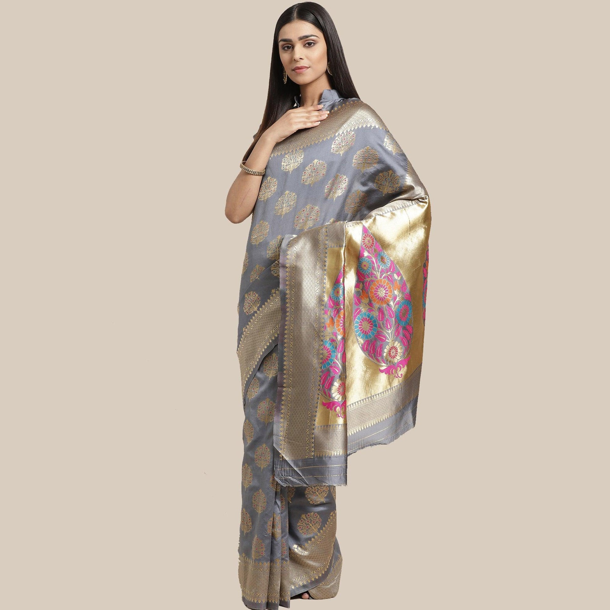 Breathtaking Grey Colored Festive Wear Woven Silk Blend Saree