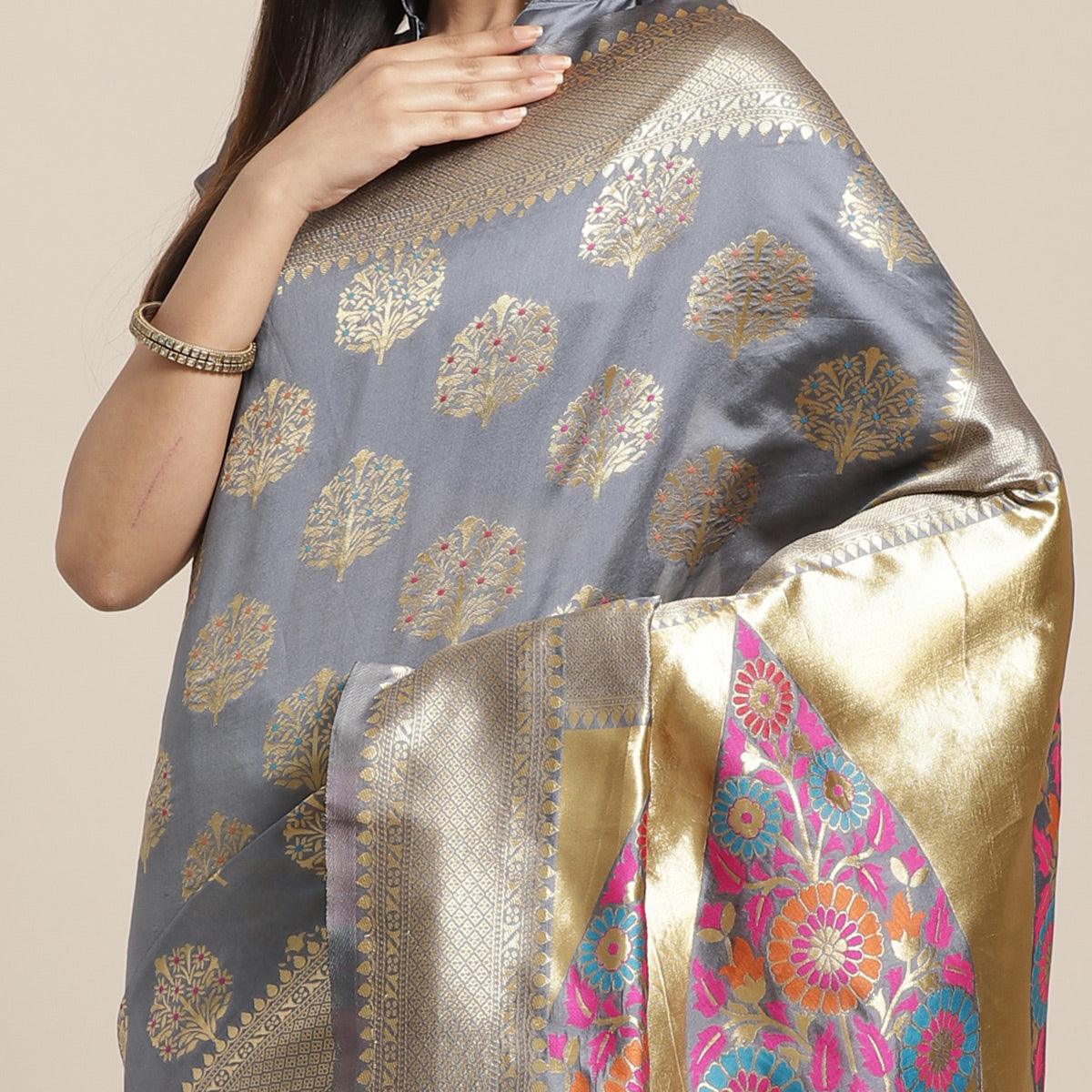 Breathtaking Grey Colored Festive Wear Woven Silk Blend Saree