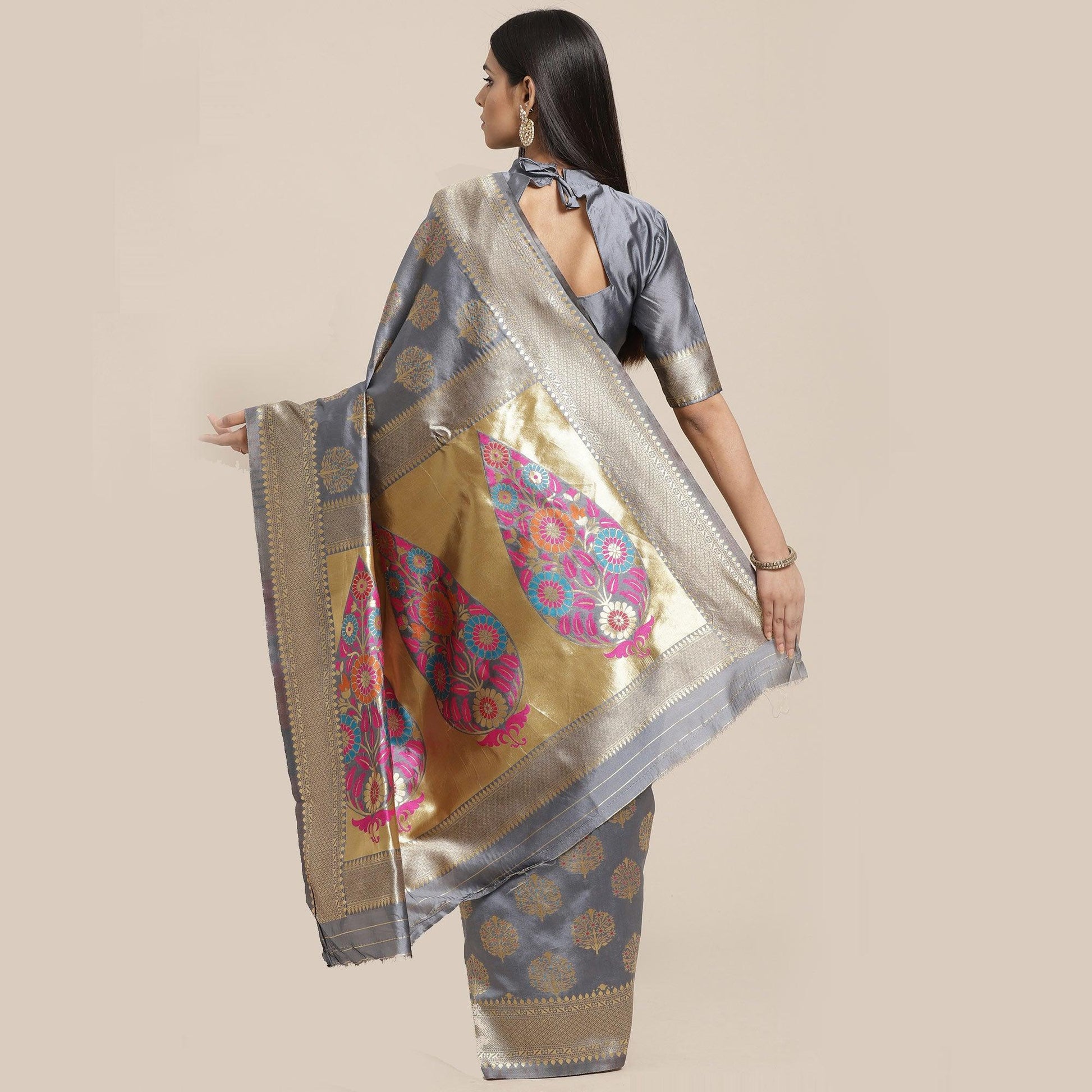 Breathtaking Grey Colored Festive Wear Woven Silk Blend Saree