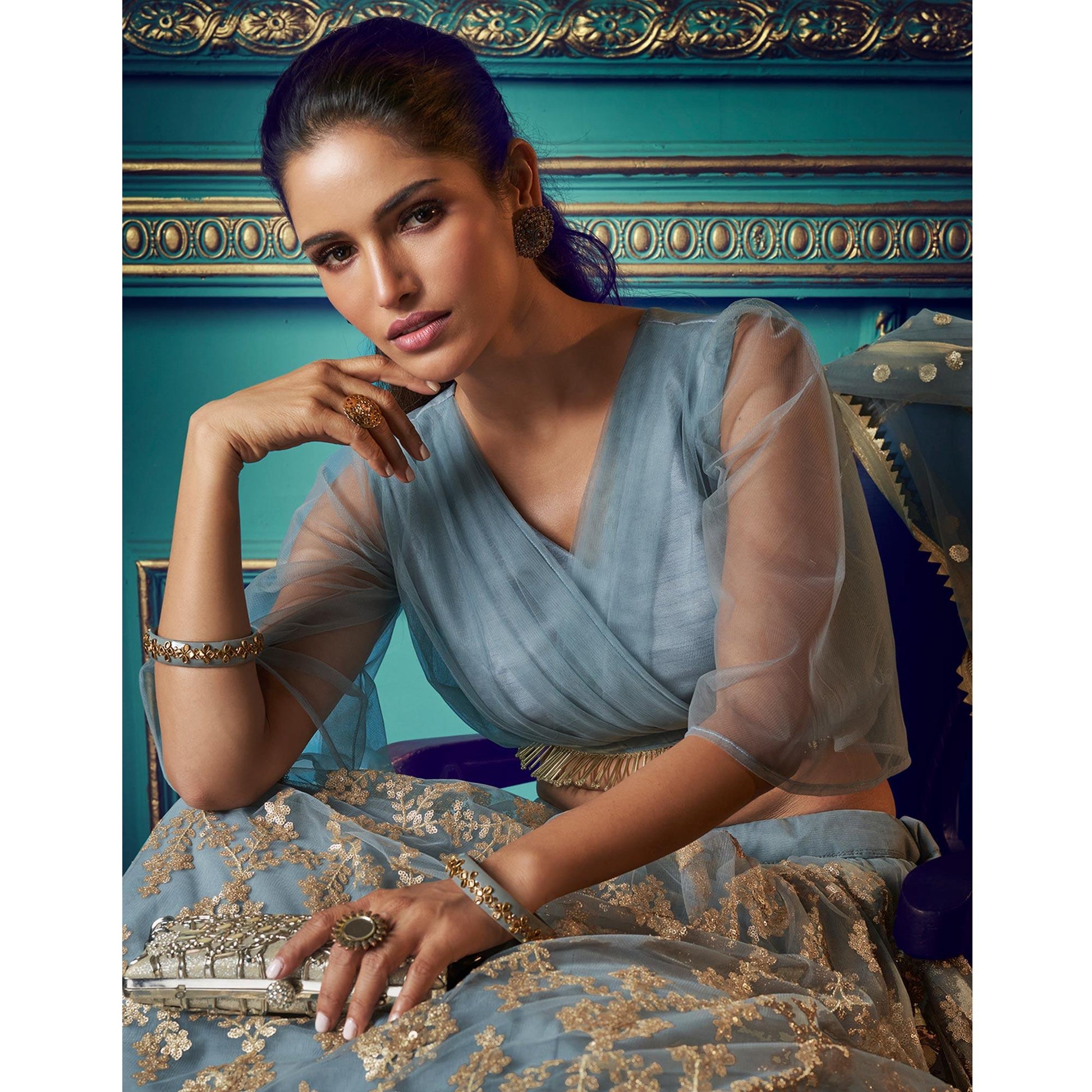 Breathtaking Grey Colored Partywear Embroidered Soft Net Lehenga Choli