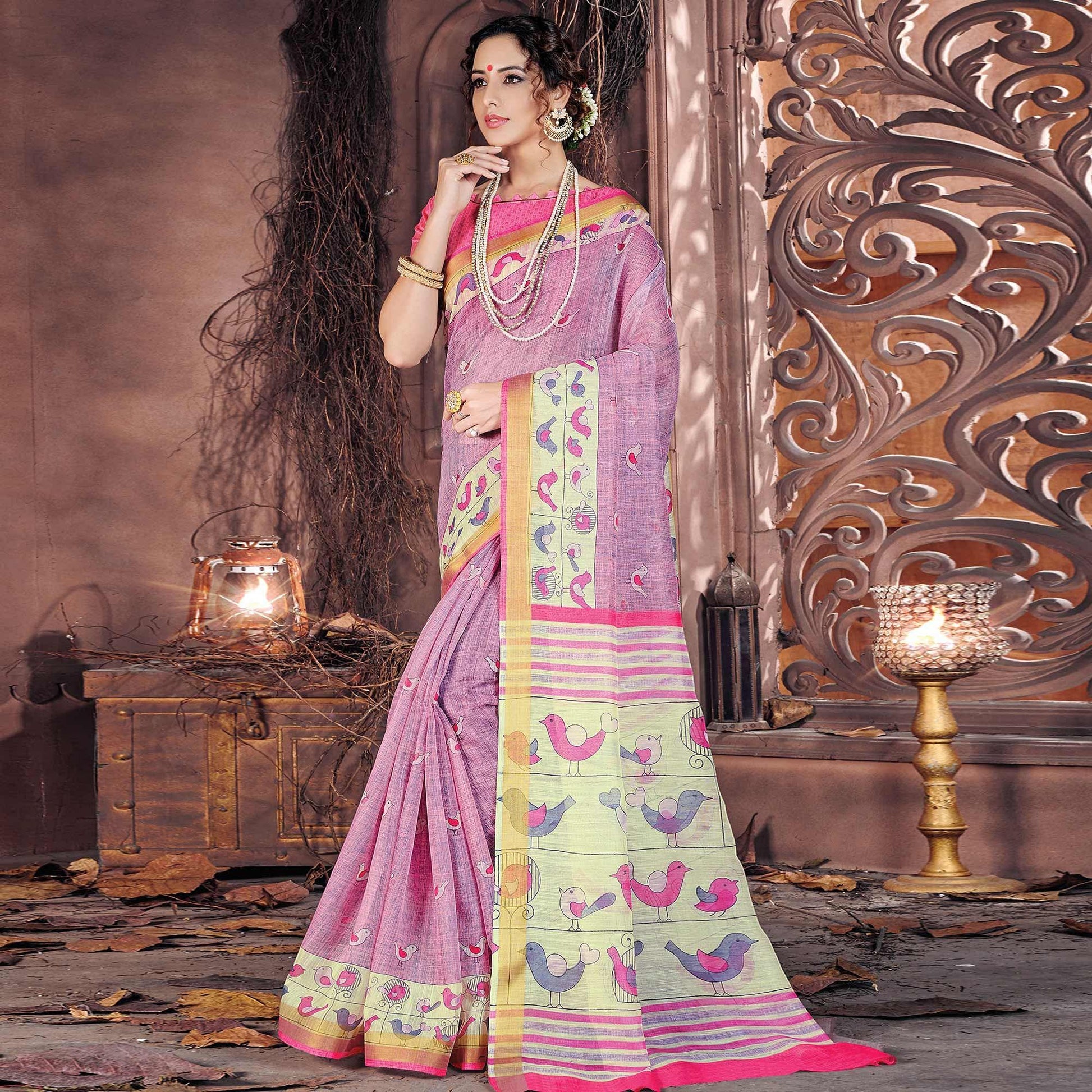 Breathtaking Light Pink Colored Casual Wear Printed Cotton Saree