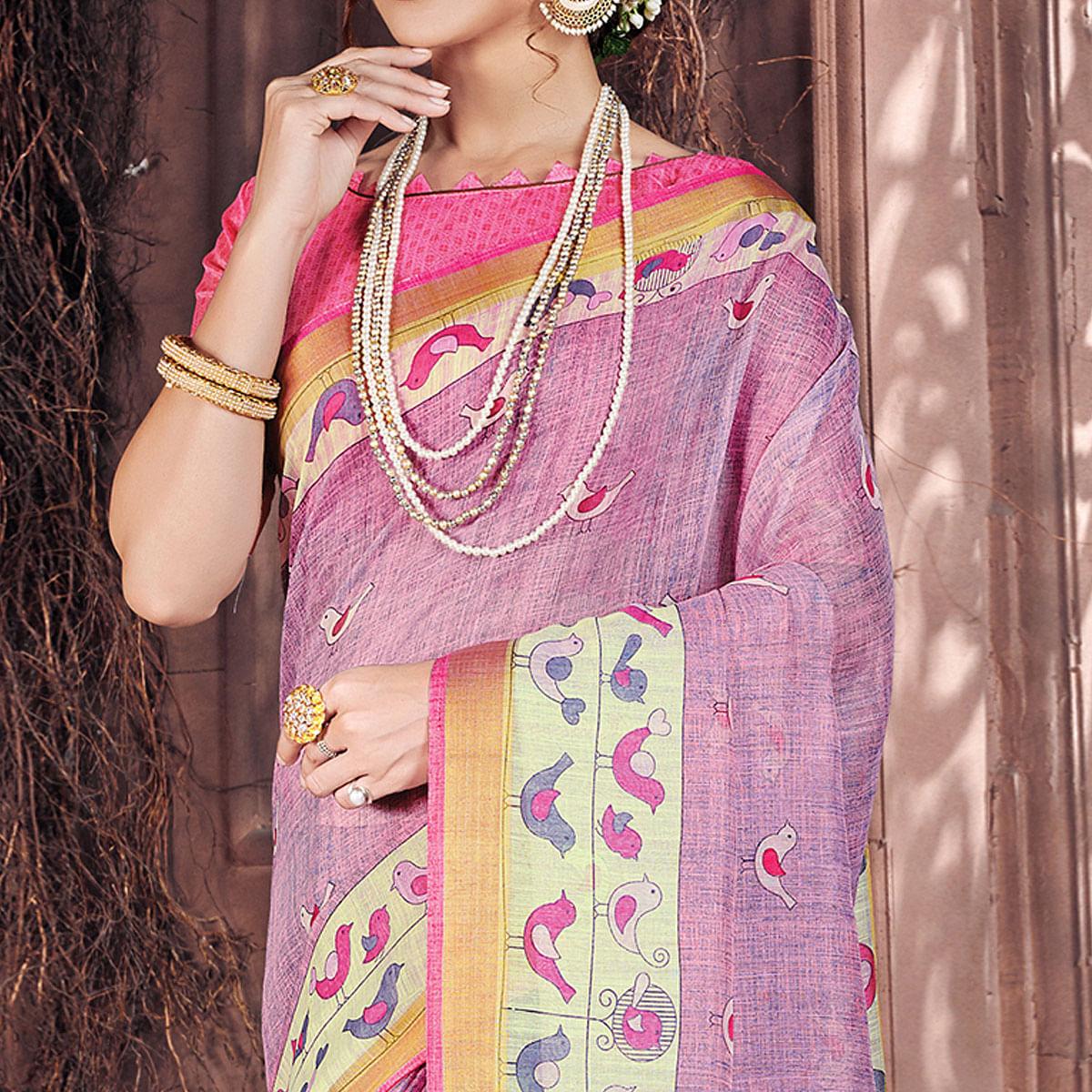 Breathtaking Light Pink Colored Casual Wear Printed Cotton Saree