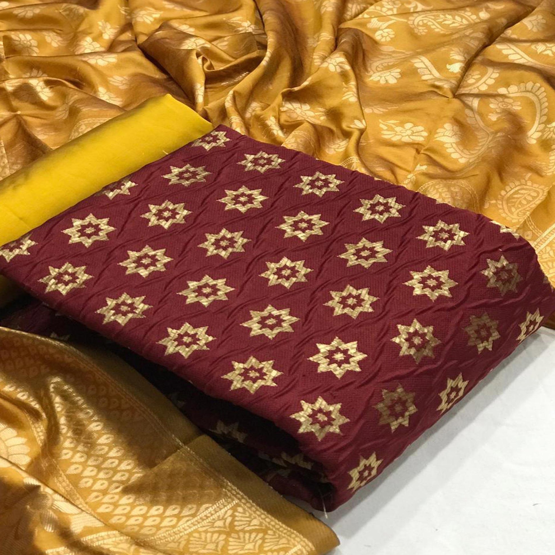 Breathtaking Maroon Colored Casual Wear Woven Banarasi Silk Dress Material