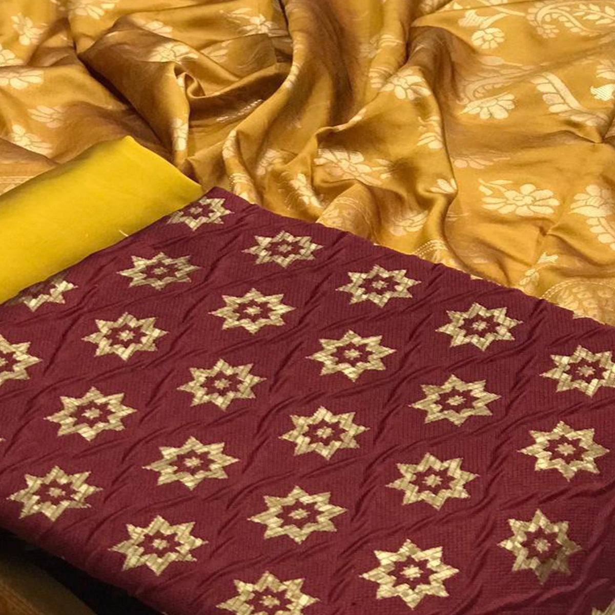 Breathtaking Maroon Colored Casual Wear Woven Banarasi Silk Dress Material