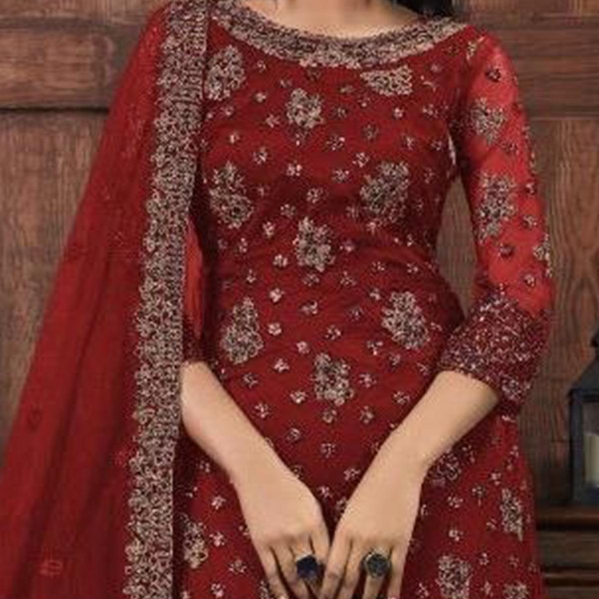 Breathtaking Maroon Colored Partywear Embroidered Net Palazzo Suit