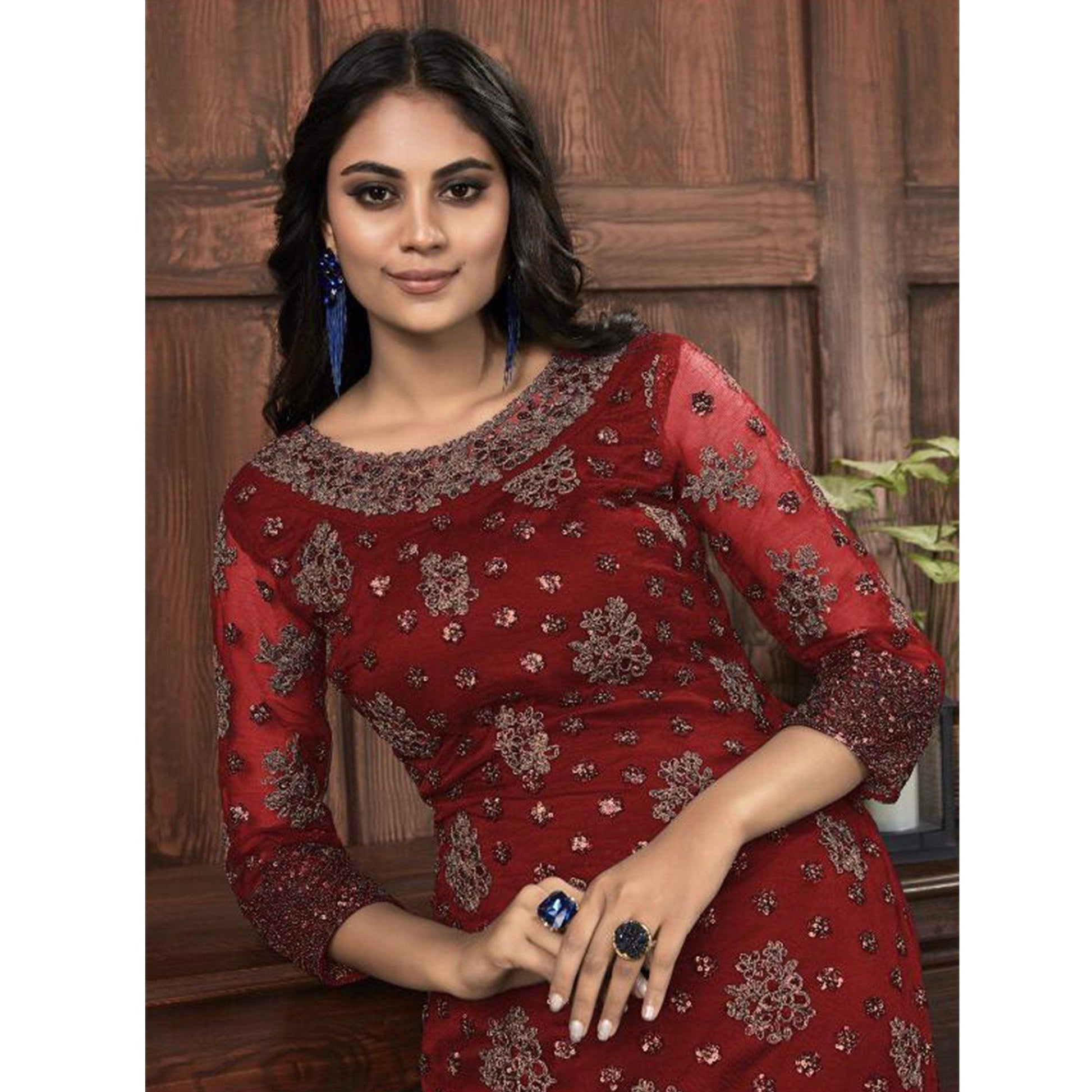 Breathtaking Maroon Colored Partywear Embroidered Net Palazzo Suit