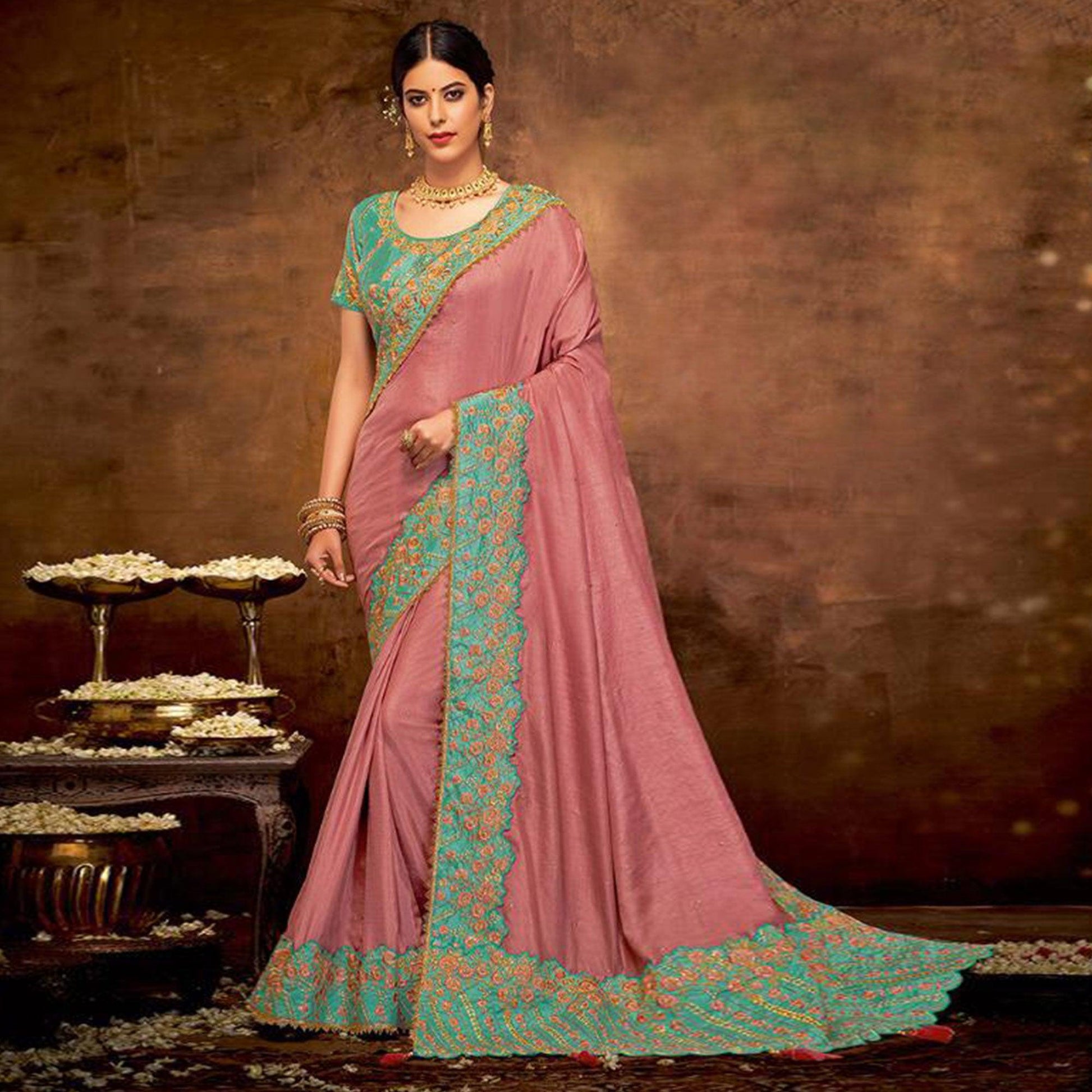 Breathtaking Mauve Colored Partywear Embroidered Silk-Georgette Saree