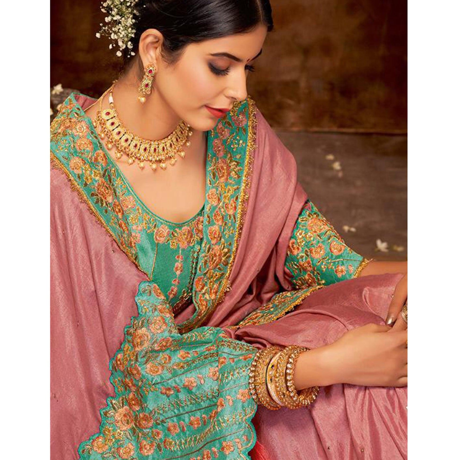 Breathtaking Mauve Colored Partywear Embroidered Silk-Georgette Saree