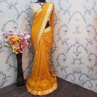 Breathtaking Mustard Colored Festive Wear Woven Vichitra Silk Saree