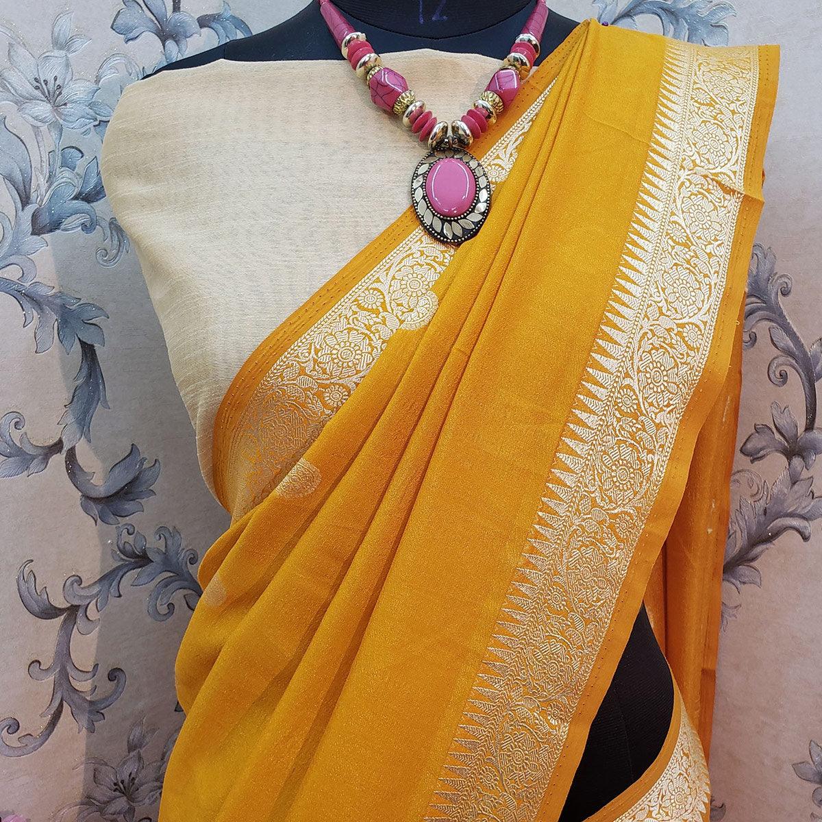 Breathtaking Mustard Colored Festive Wear Woven Vichitra Silk Saree
