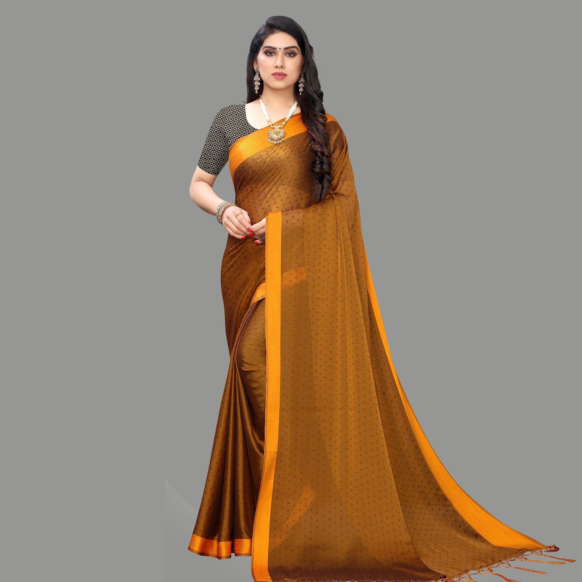Breathtaking Mustard Yellow Colored Party Wear Printed Poly Georgette Saree With Tassels