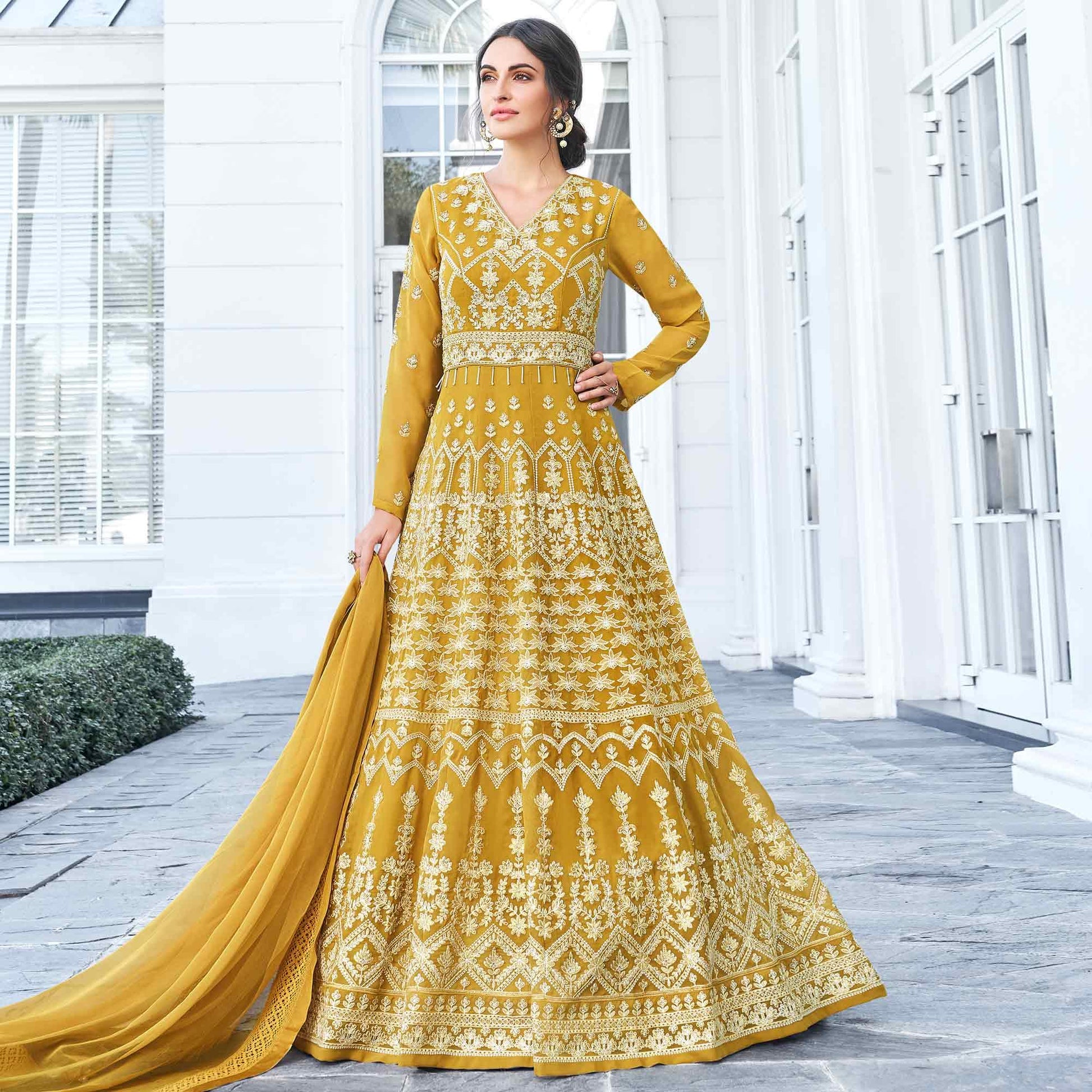 Breathtaking Mustard Yellow Colored Partywear Embroidered Georgette Anarkali Suit
