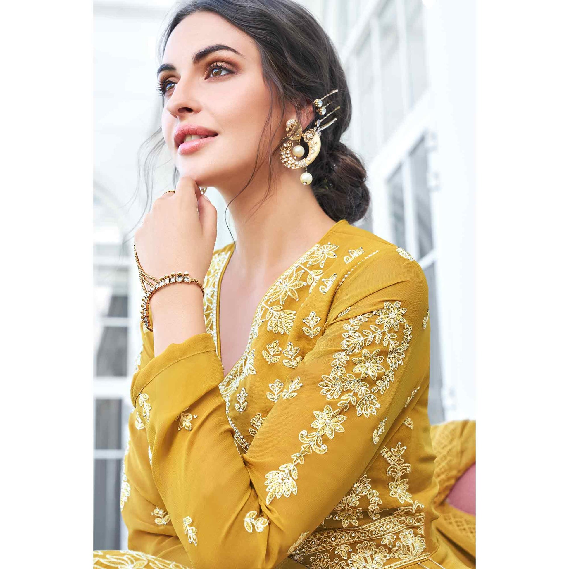 Breathtaking Mustard Yellow Colored Partywear Embroidered Georgette Anarkali Suit