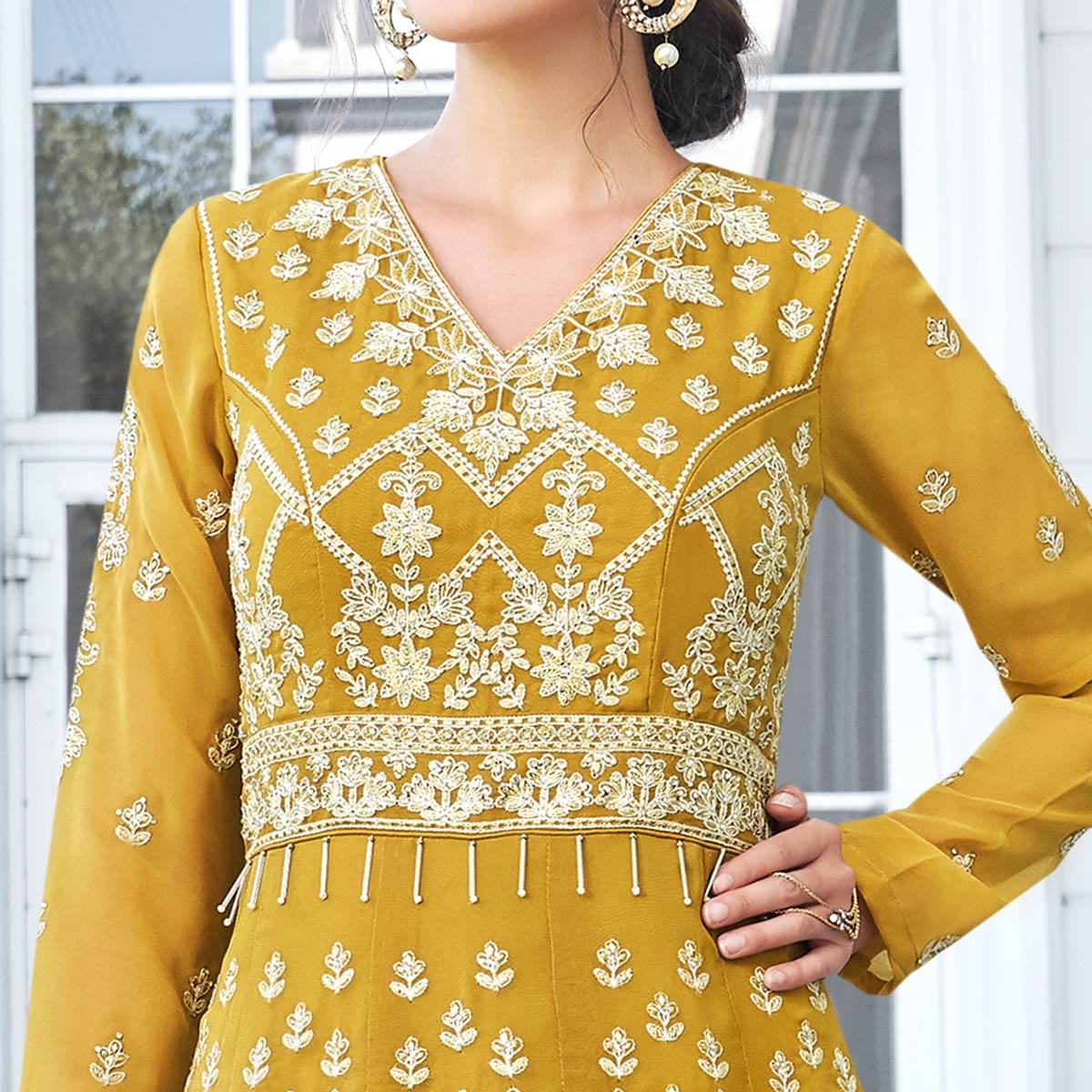 Breathtaking Mustard Yellow Colored Partywear Embroidered Georgette Anarkali Suit