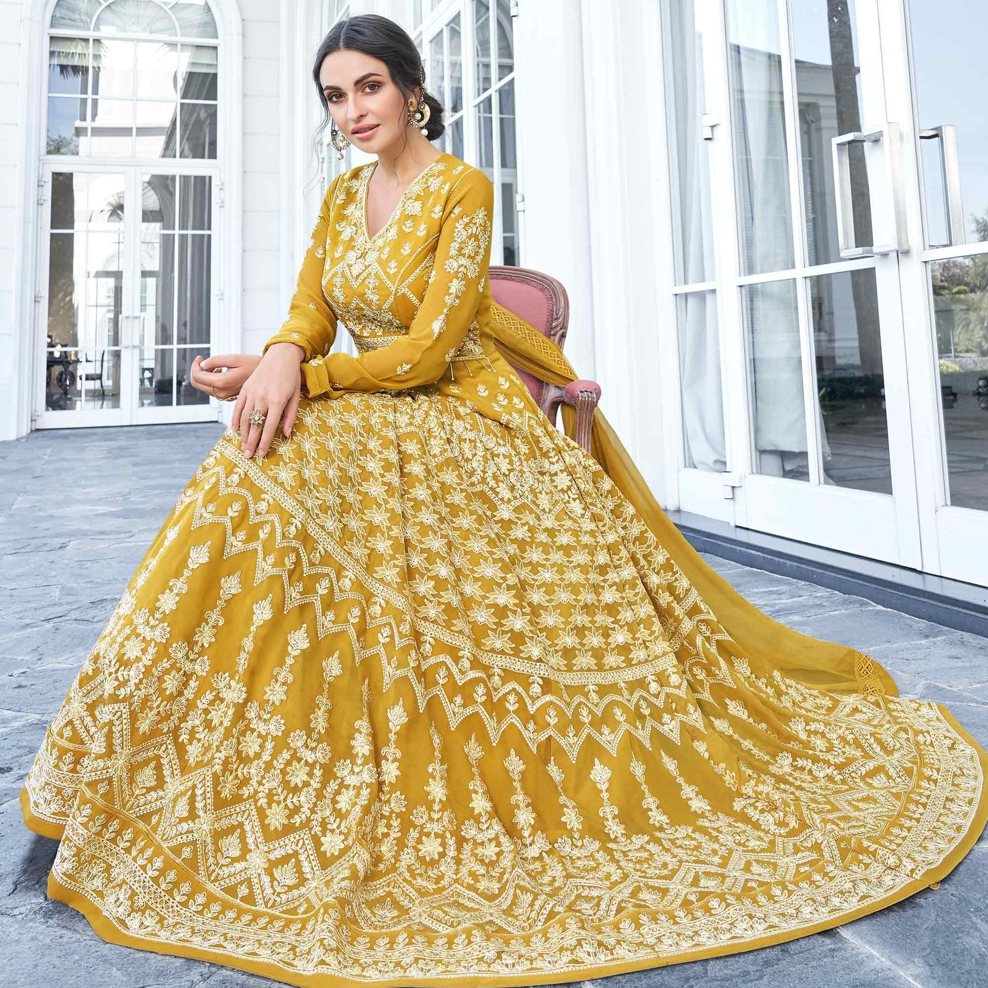 Breathtaking Mustard Yellow Colored Partywear Embroidered Georgette Anarkali Suit