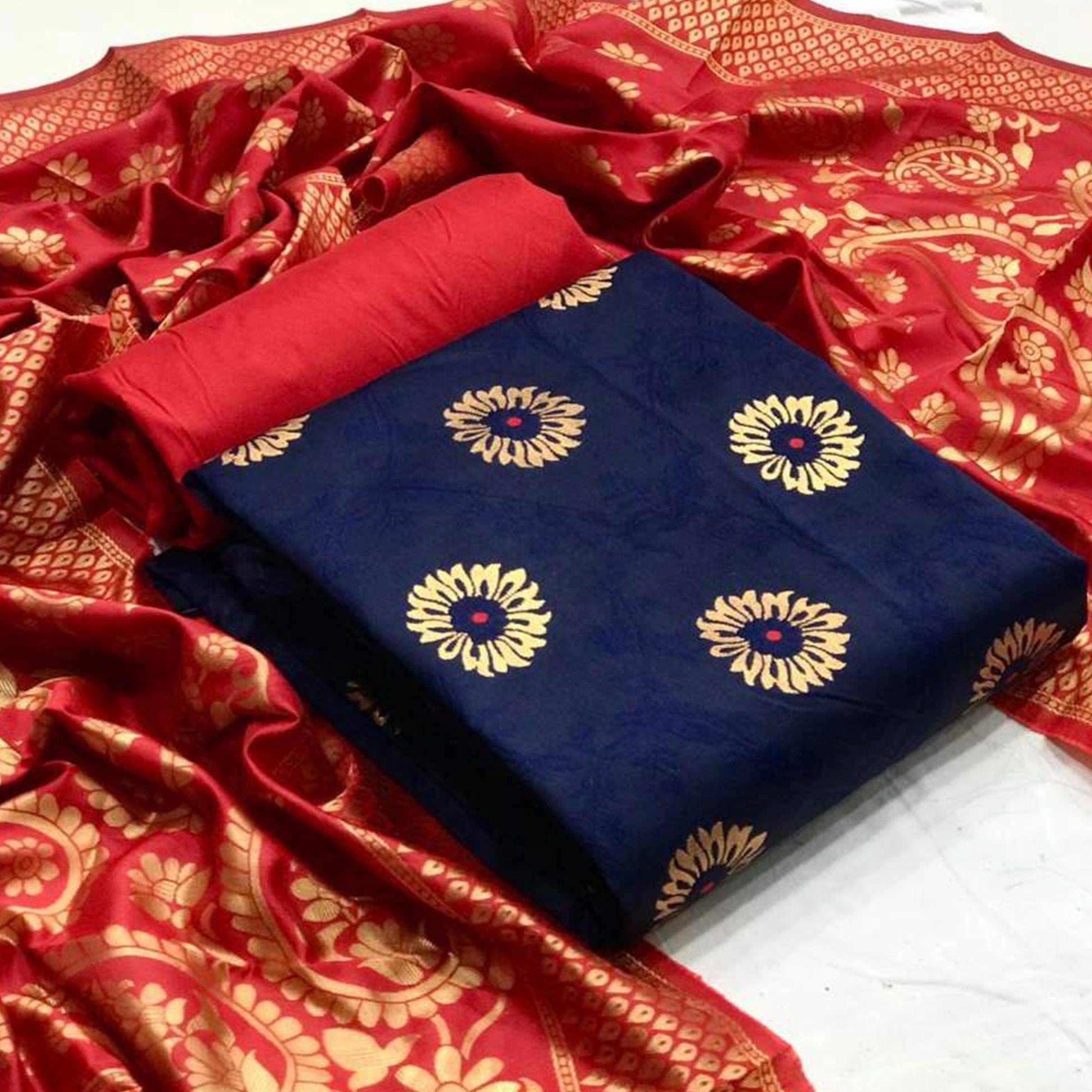 Breathtaking Navy Blue Colored Casual Wear Banarasi Silk Dress Material