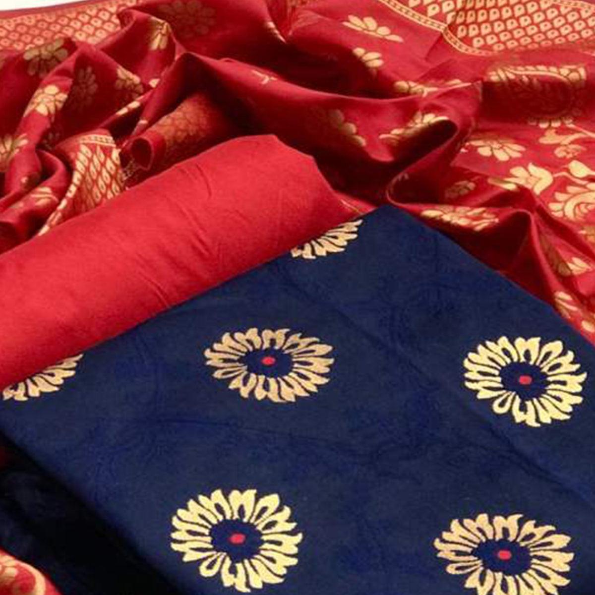 Breathtaking Navy Blue Colored Casual Wear Banarasi Silk Dress Material