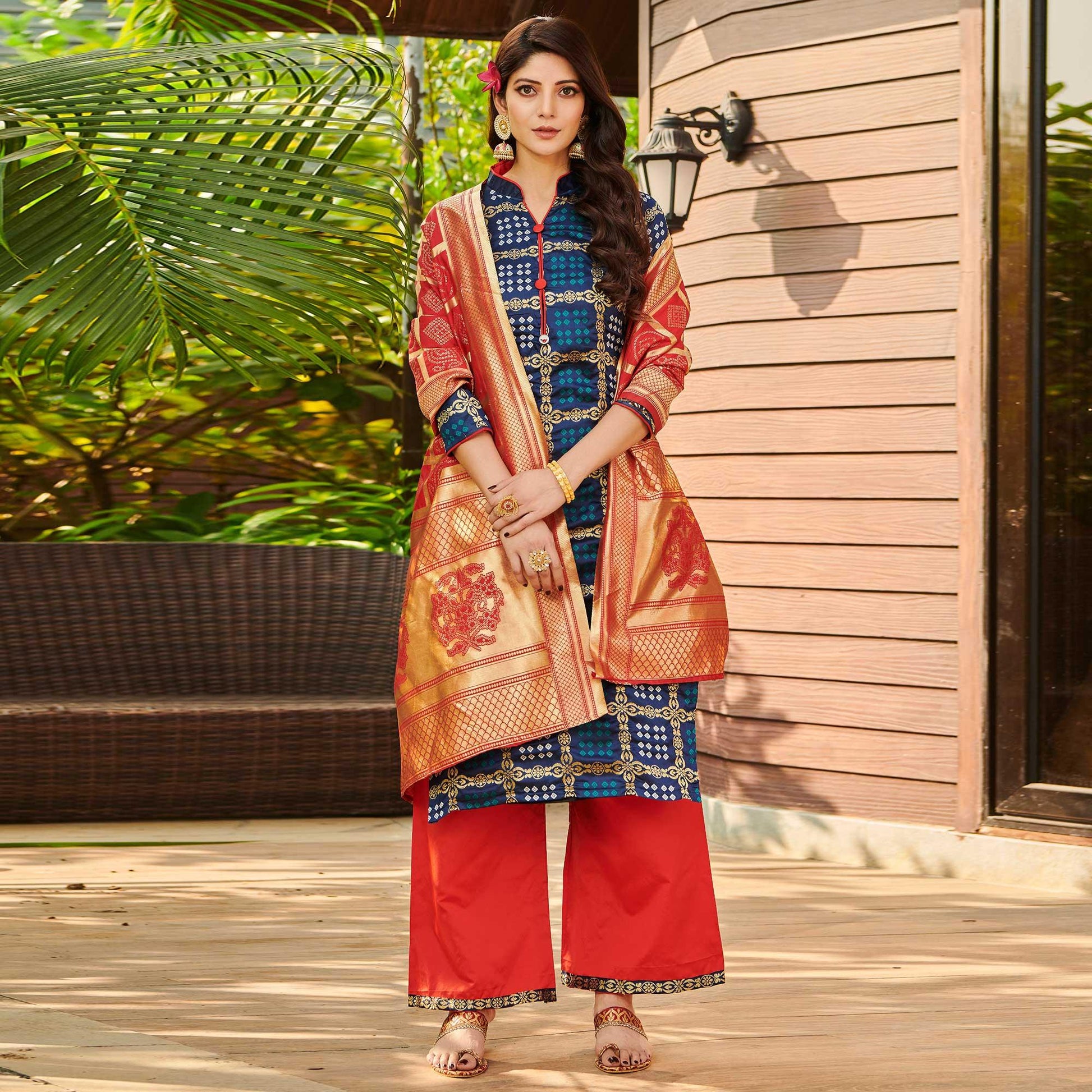 Breathtaking Navy Blue Colored Casual Wear Woven Jacquard Silk Dress Material
