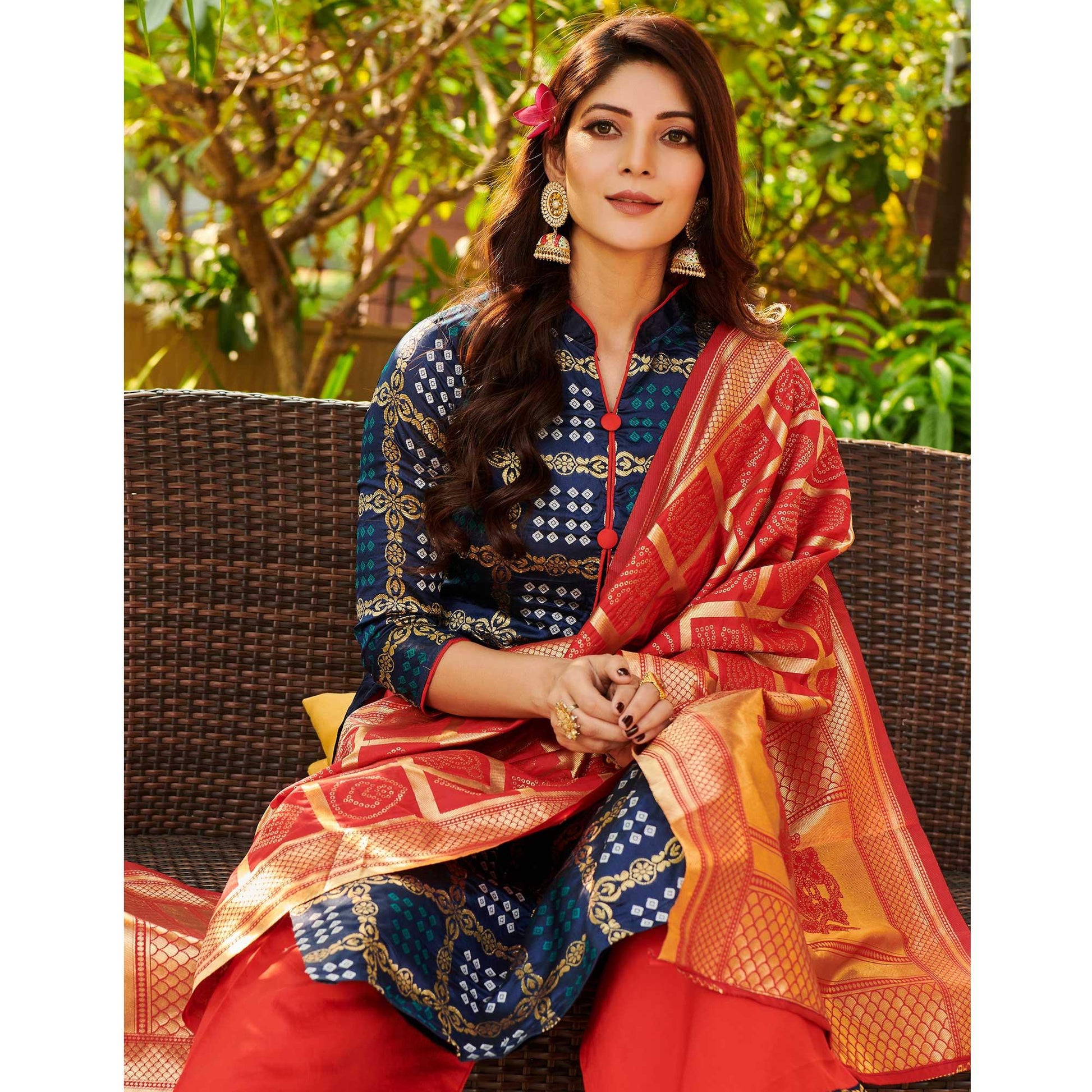 Breathtaking Navy Blue Colored Casual Wear Woven Jacquard Silk Dress Material