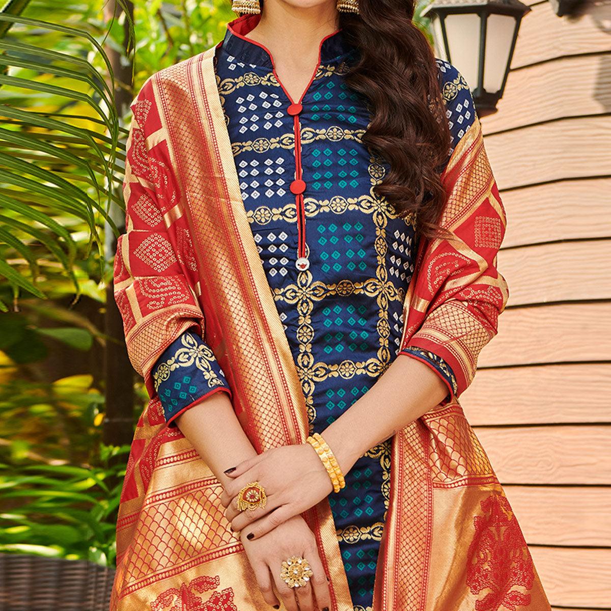Breathtaking Navy Blue Colored Casual Wear Woven Jacquard Silk Dress Material