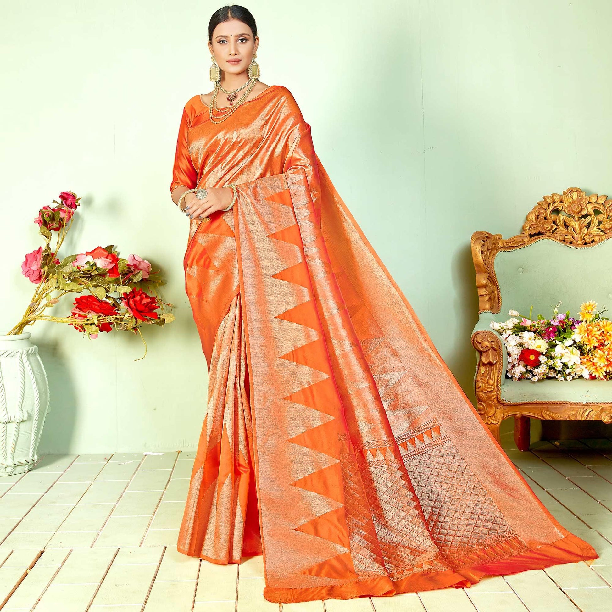 Breathtaking Orange Colored Festive Wear Woven Silk Saree