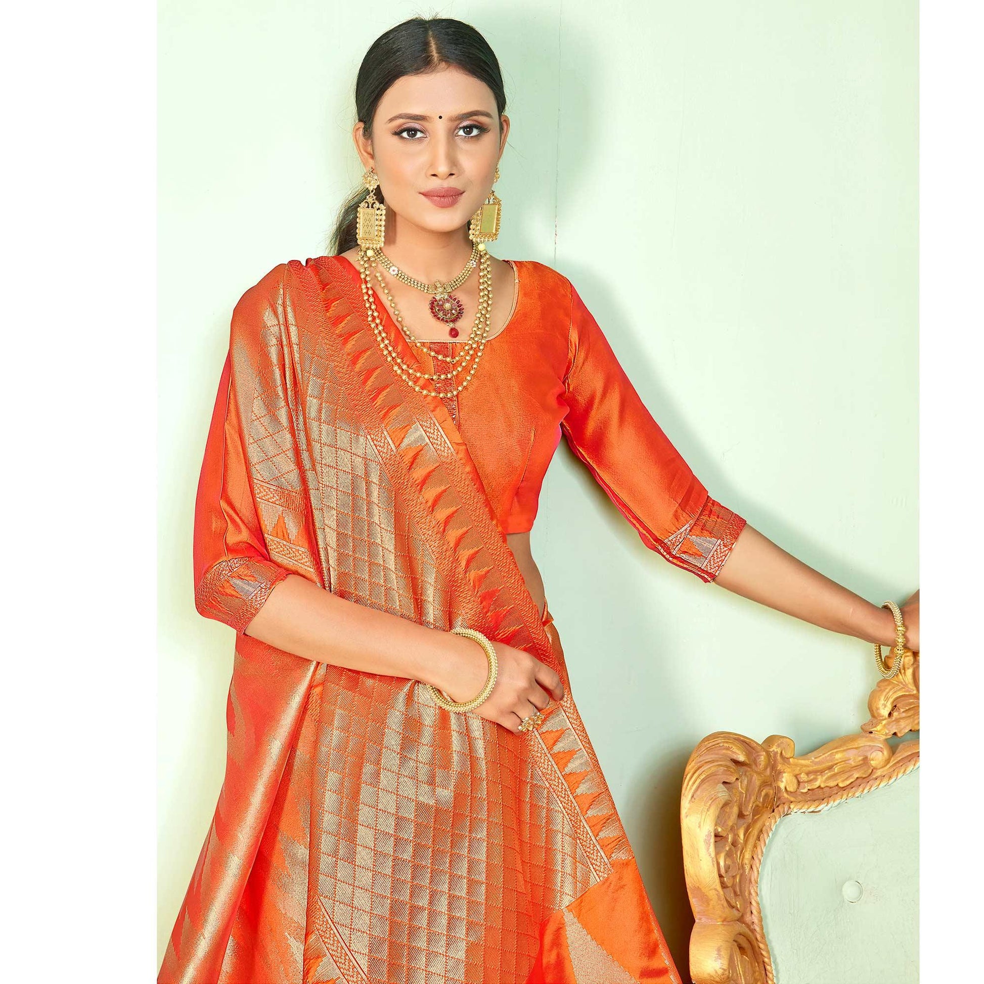 Breathtaking Orange Colored Festive Wear Woven Silk Saree
