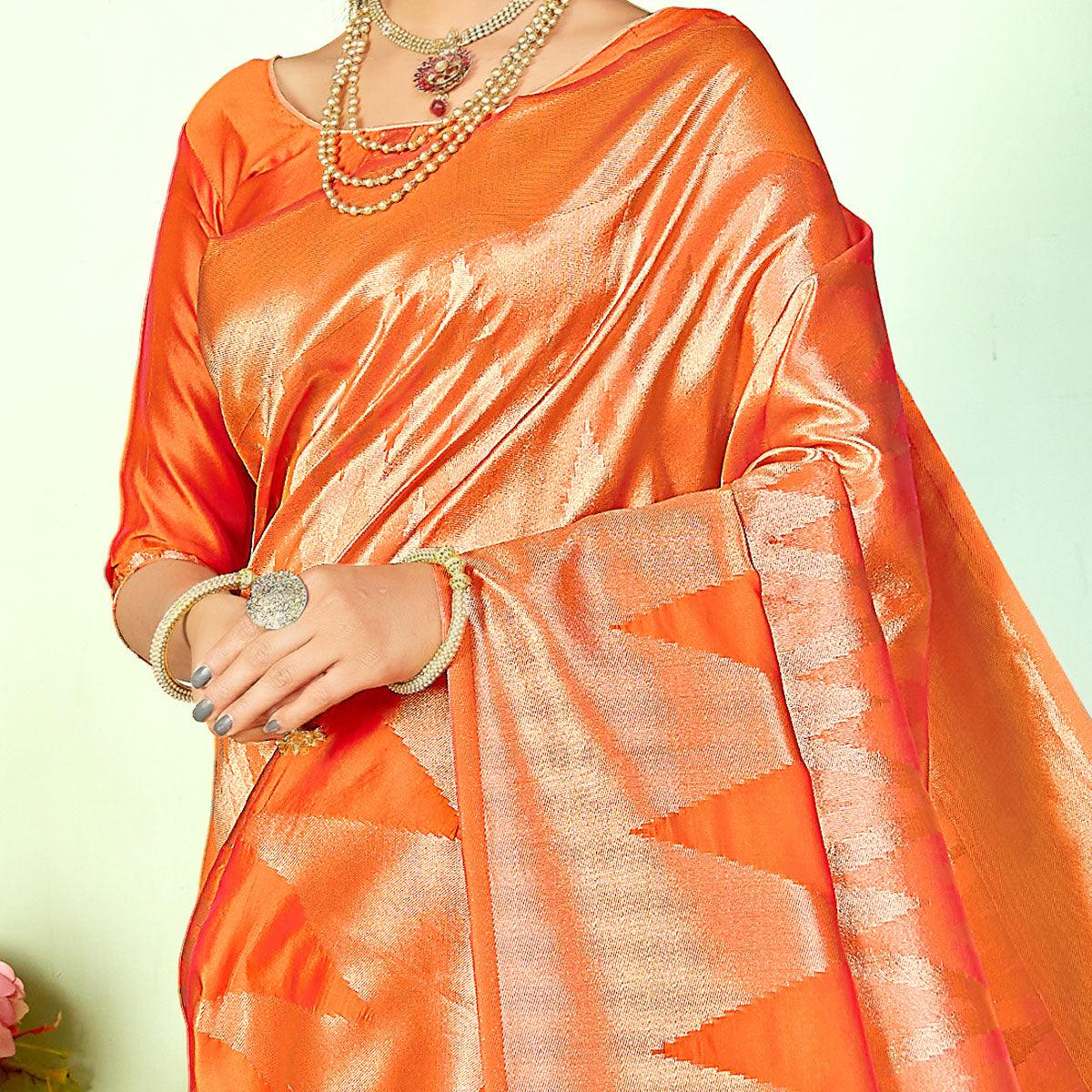 Breathtaking Orange Colored Festive Wear Woven Silk Saree