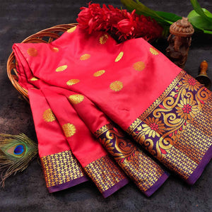 Breathtaking Peach Colored Festive Wear Woven Kanjivaram Silk Saree