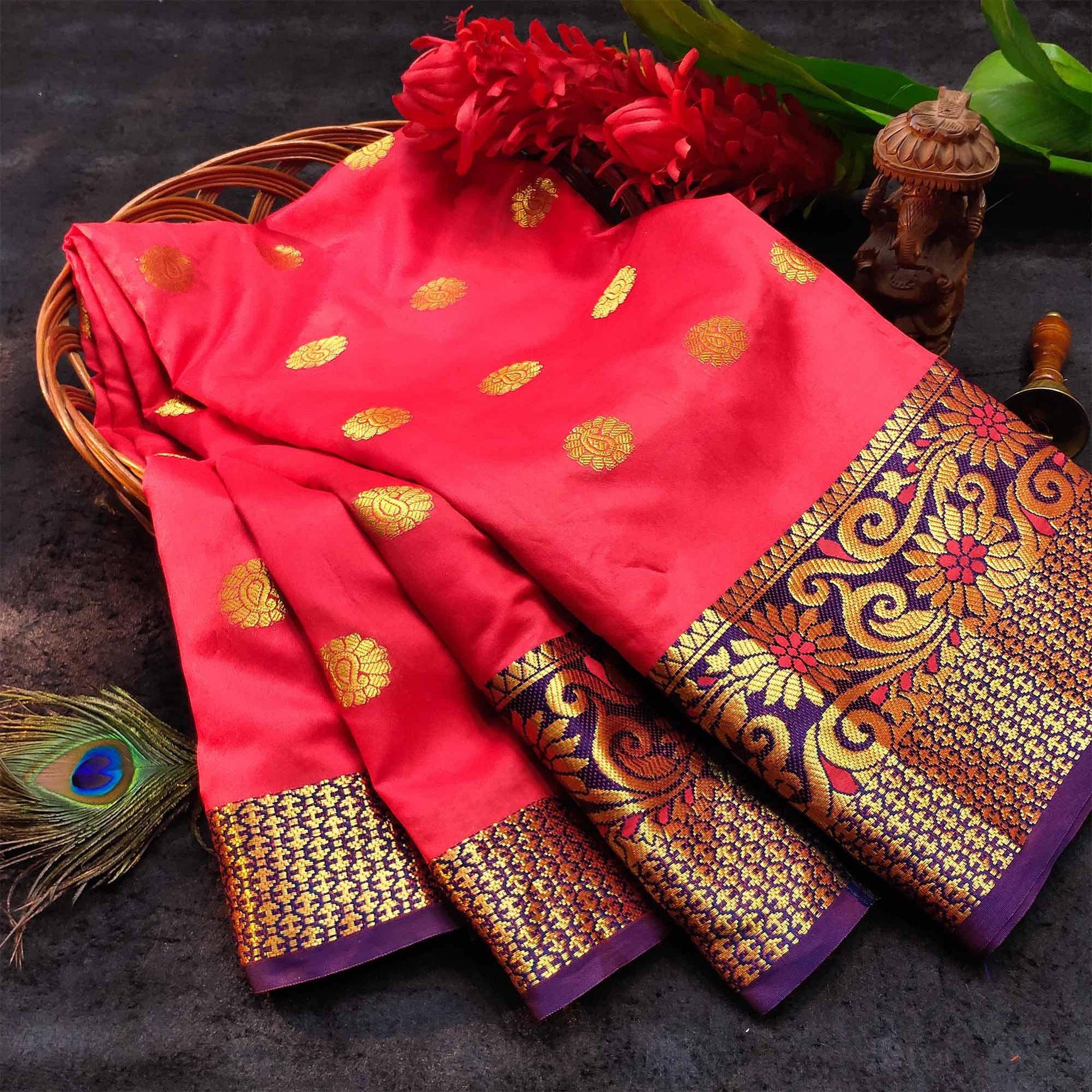 Breathtaking Peach Colored Festive Wear Woven Kanjivaram Silk Saree