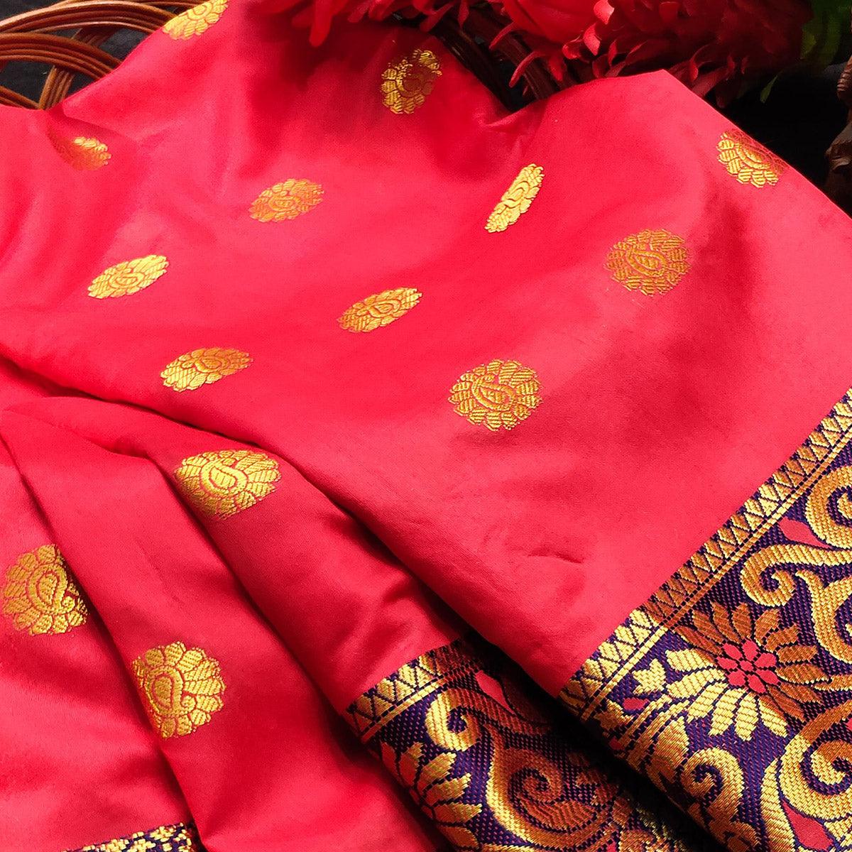 Breathtaking Peach Colored Festive Wear Woven Kanjivaram Silk Saree