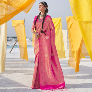 Breathtaking Pink Colored Festive Wear Weaving Handloom Soft Silk Saree