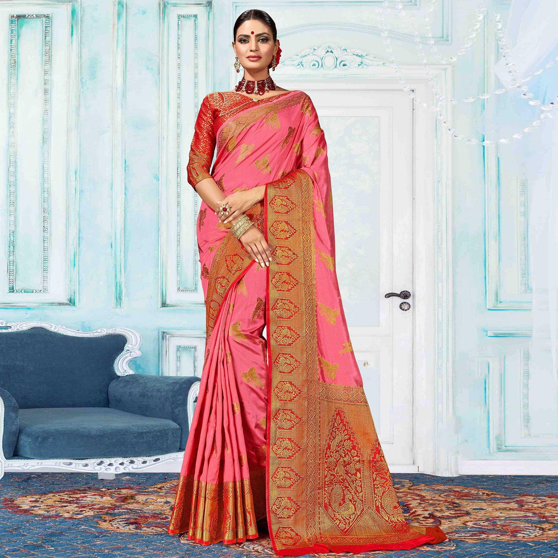 Breathtaking Pink Colored Festive Wear Woven Nylon Silk Saree