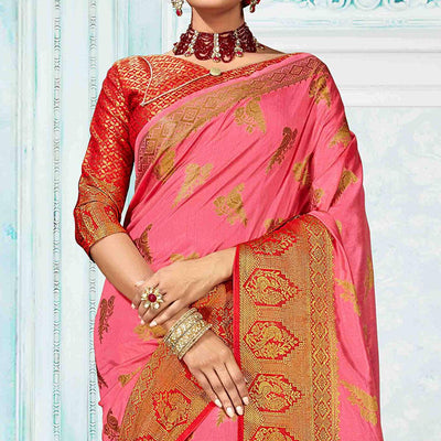 Breathtaking Pink Colored Festive Wear Woven Nylon Silk Saree