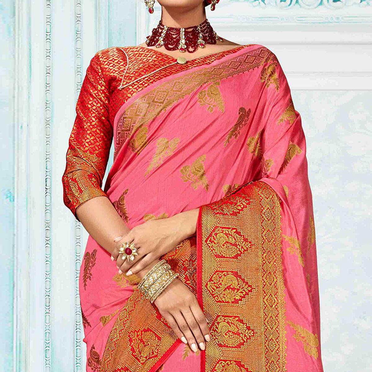 Breathtaking Pink Colored Festive Wear Woven Nylon Silk Saree