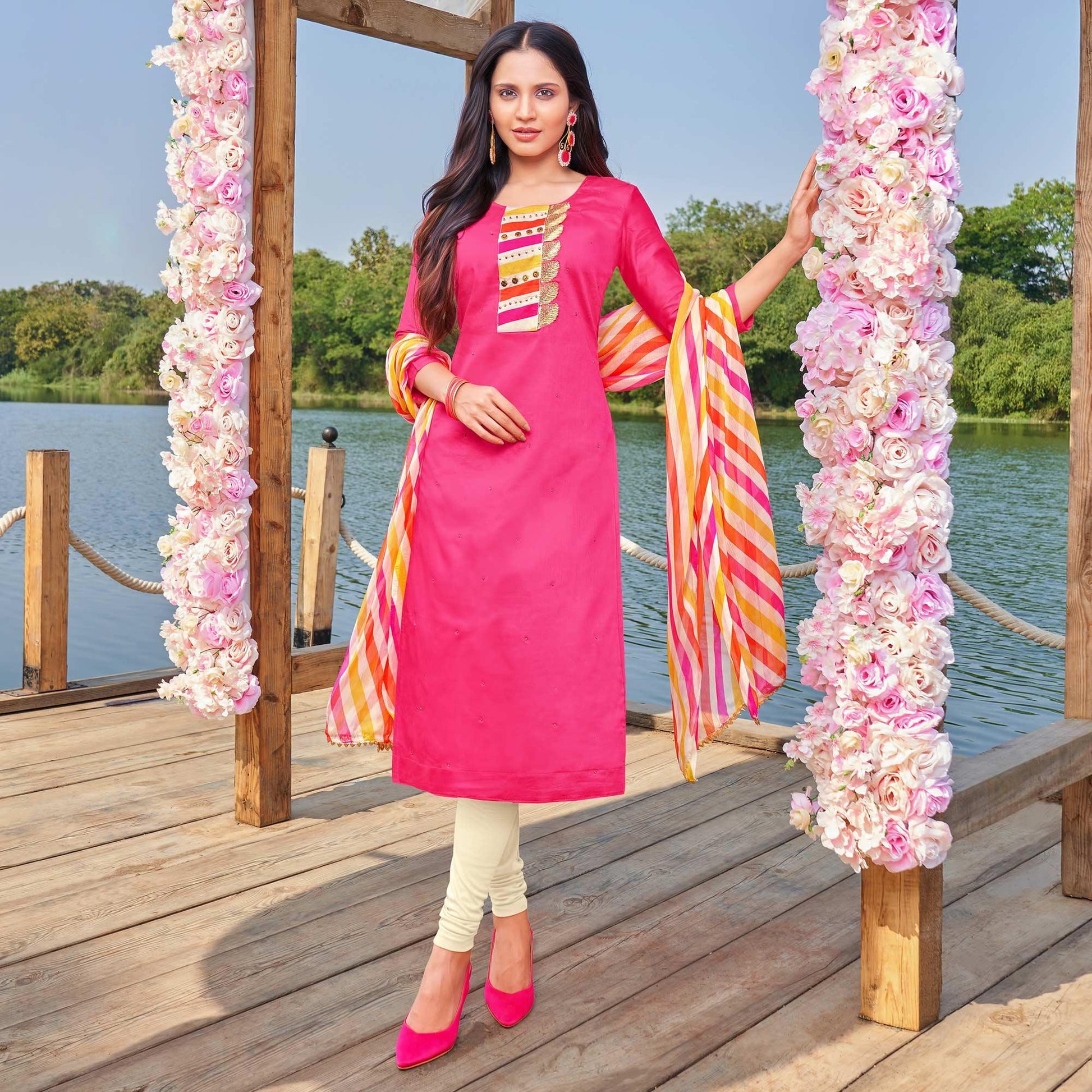Breathtaking Pink Colored Partywear Embroidered Modal Cotton Dress Material