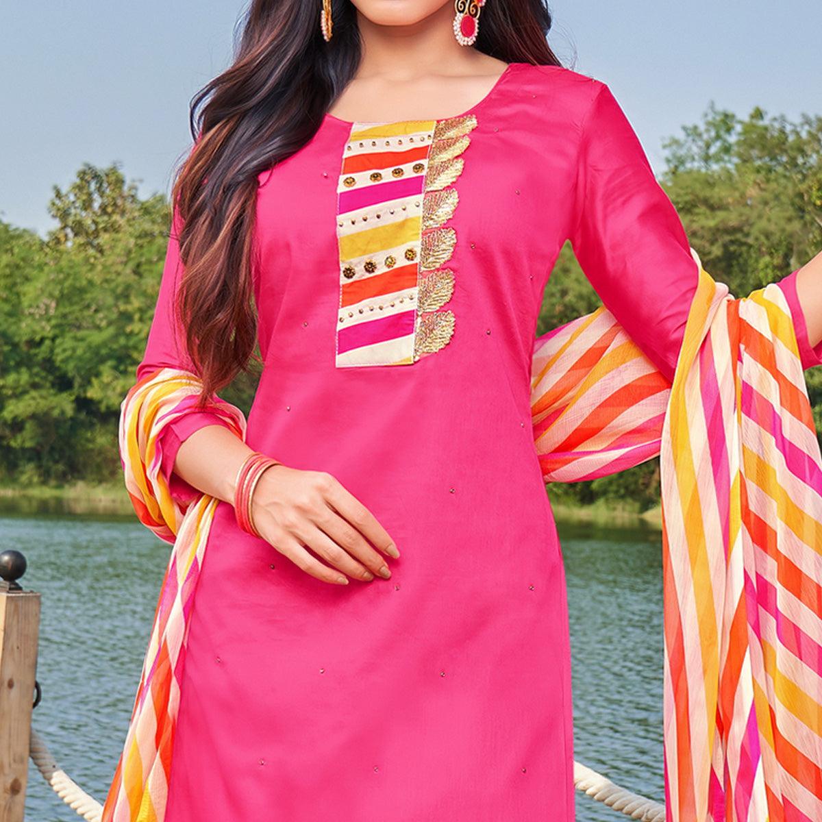 Breathtaking Pink Colored Partywear Embroidered Modal Cotton Dress Material