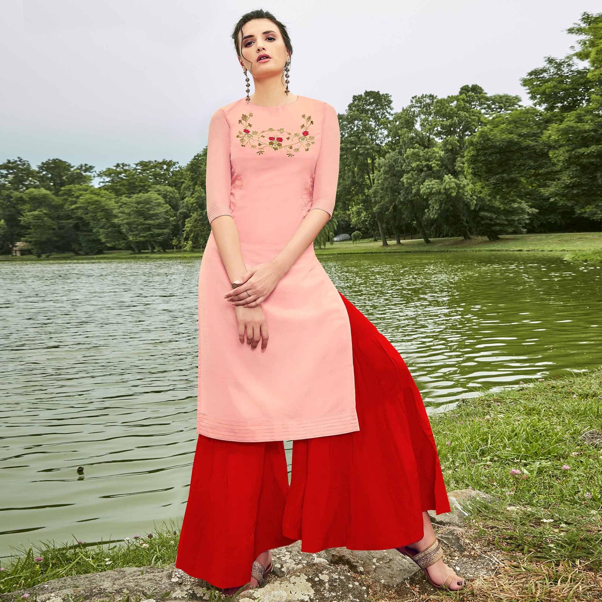 Breathtaking Pink Colored Partywear Hand Embroidered Muslin Silk Kurti-Palazzo Set