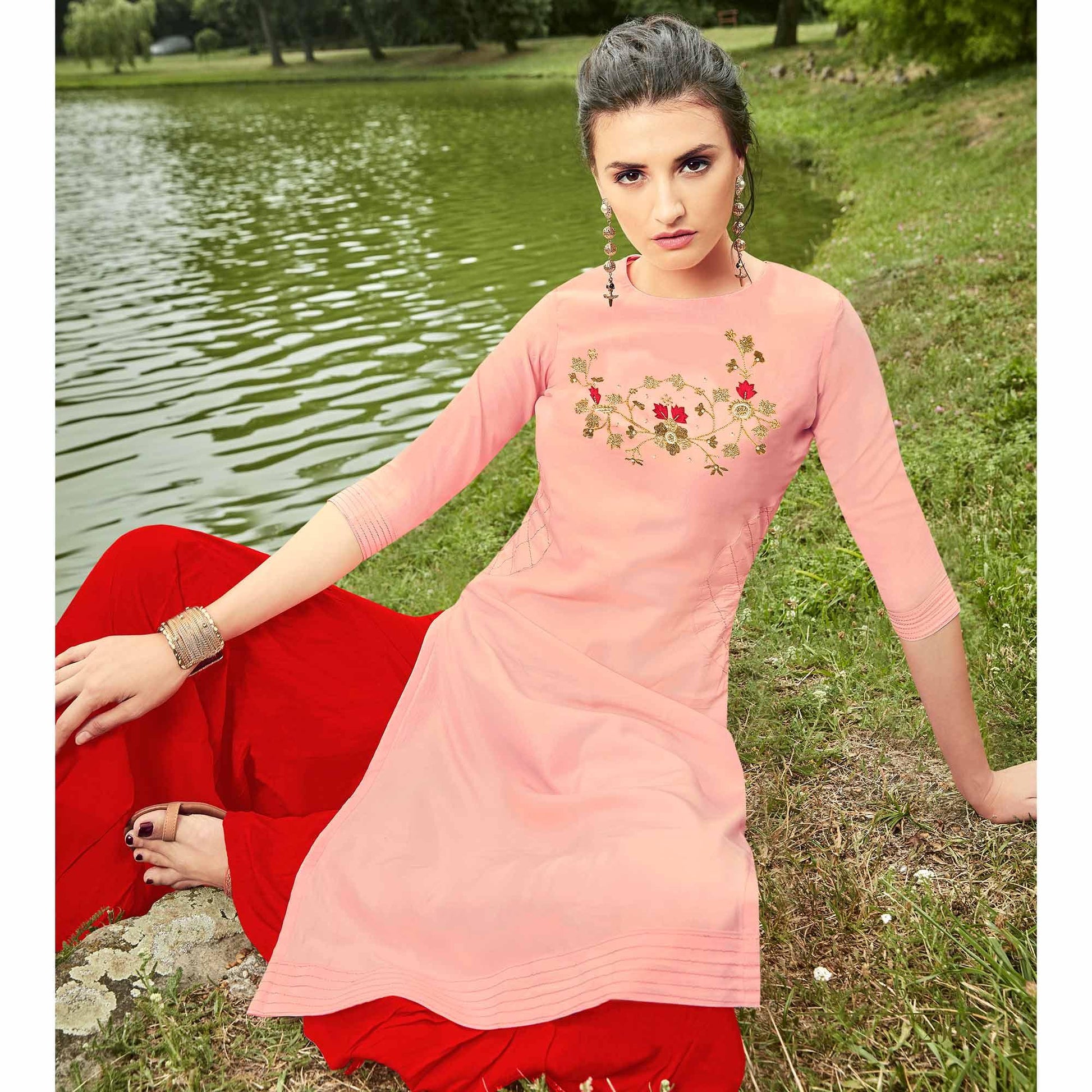 Breathtaking Pink Colored Partywear Hand Embroidered Muslin Silk Kurti-Palazzo Set