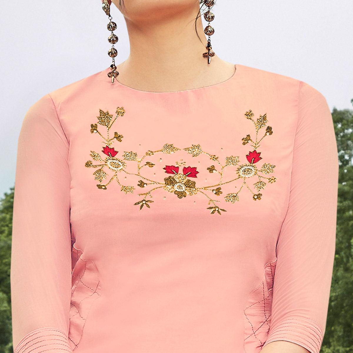 Breathtaking Pink Colored Partywear Hand Embroidered Muslin Silk Kurti-Palazzo Set