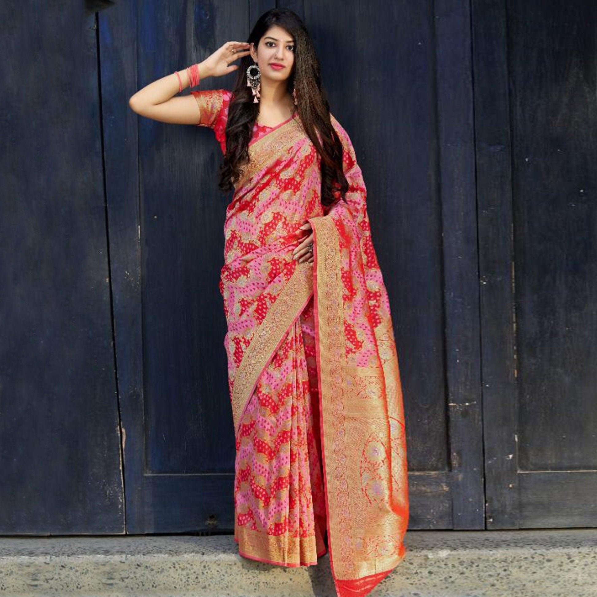 Breathtaking Pink-Red Colored Festive Wear Woven Banarasi Satin Silk Saree