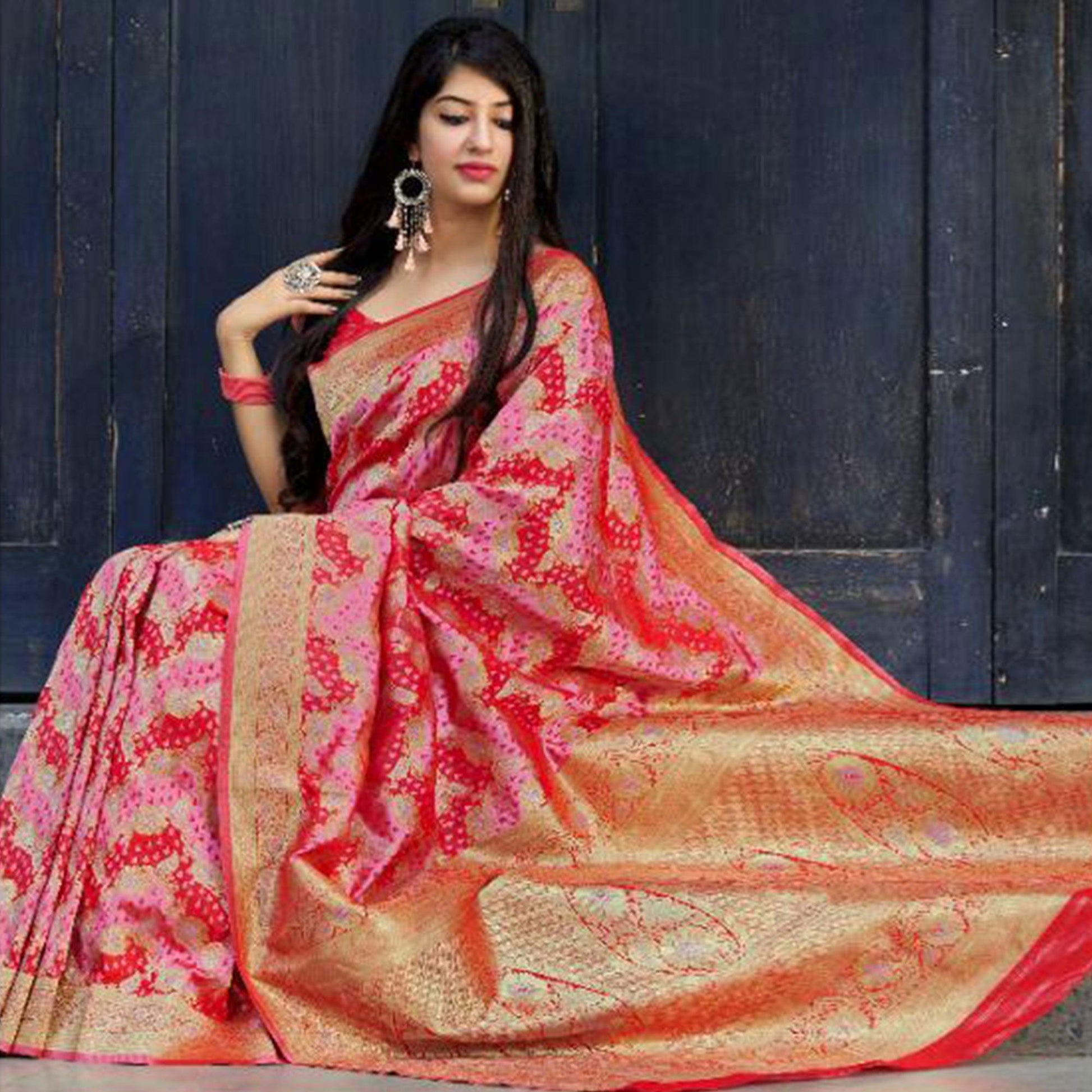 Breathtaking Pink-Red Colored Festive Wear Woven Banarasi Satin Silk Saree