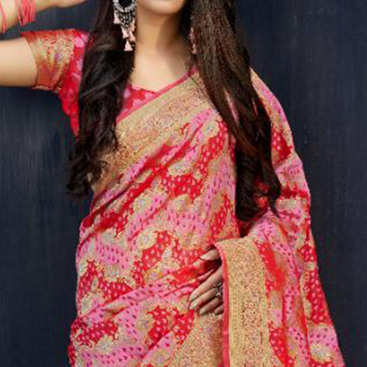 Breathtaking Pink-Red Colored Festive Wear Woven Banarasi Satin Silk Saree