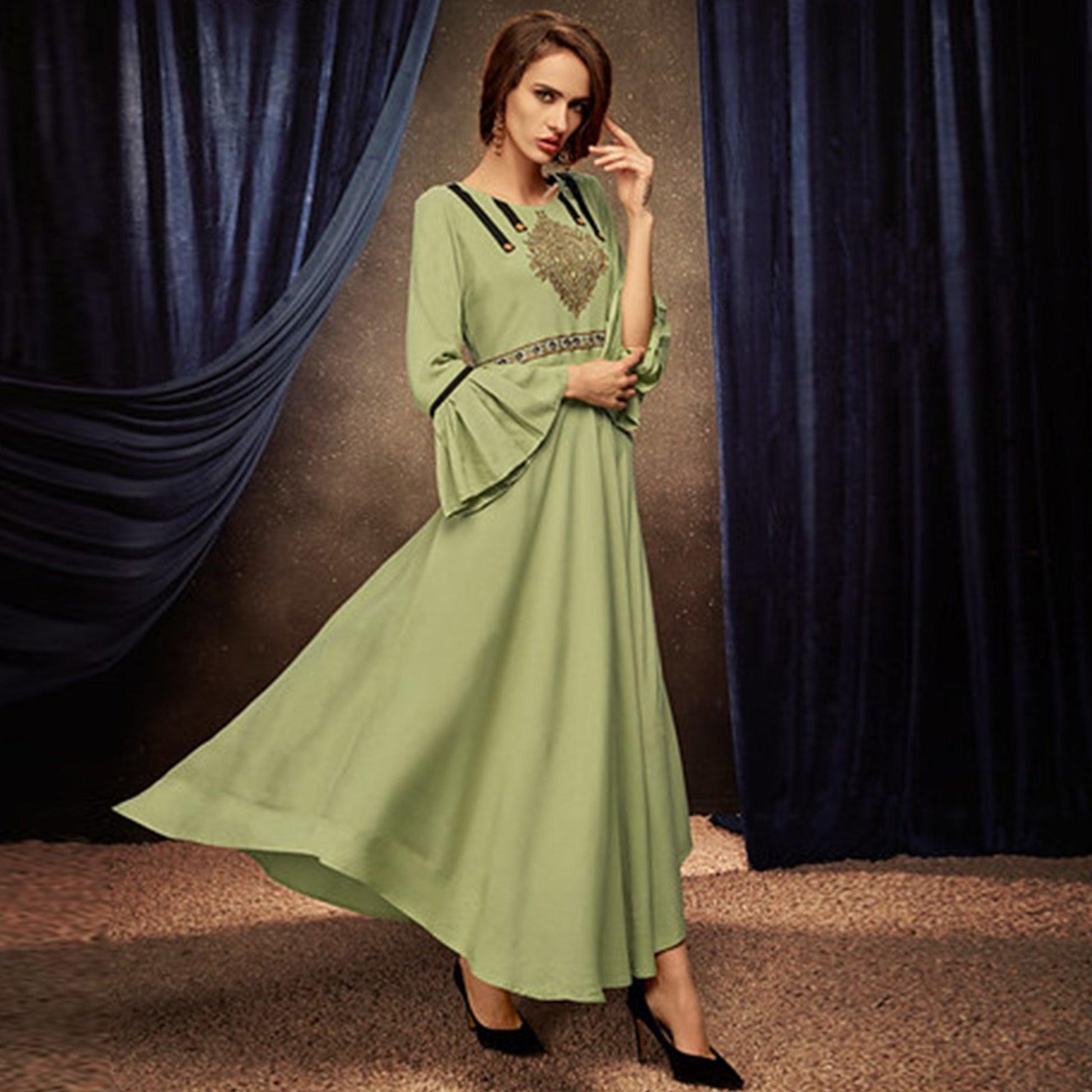 Breathtaking Pista Green Colored Partywear Embroidered Rayon Long Kurti