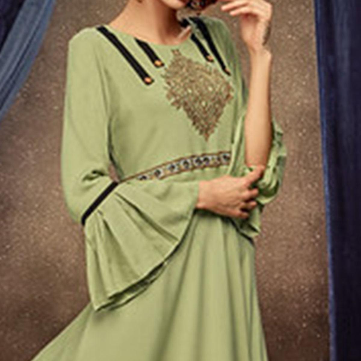 Breathtaking Pista Green Colored Partywear Embroidered Rayon Long Kurti